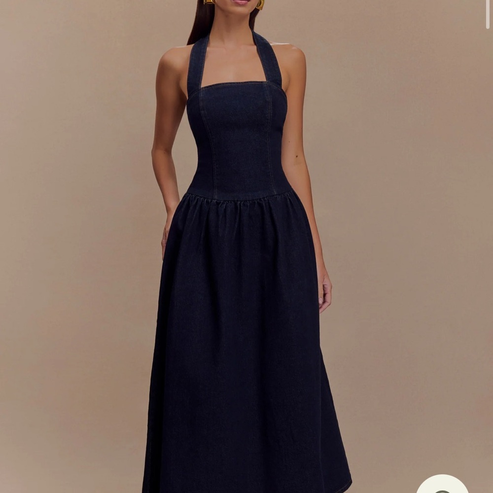 Meshki Dark Denim Backless Halter Midi Dress